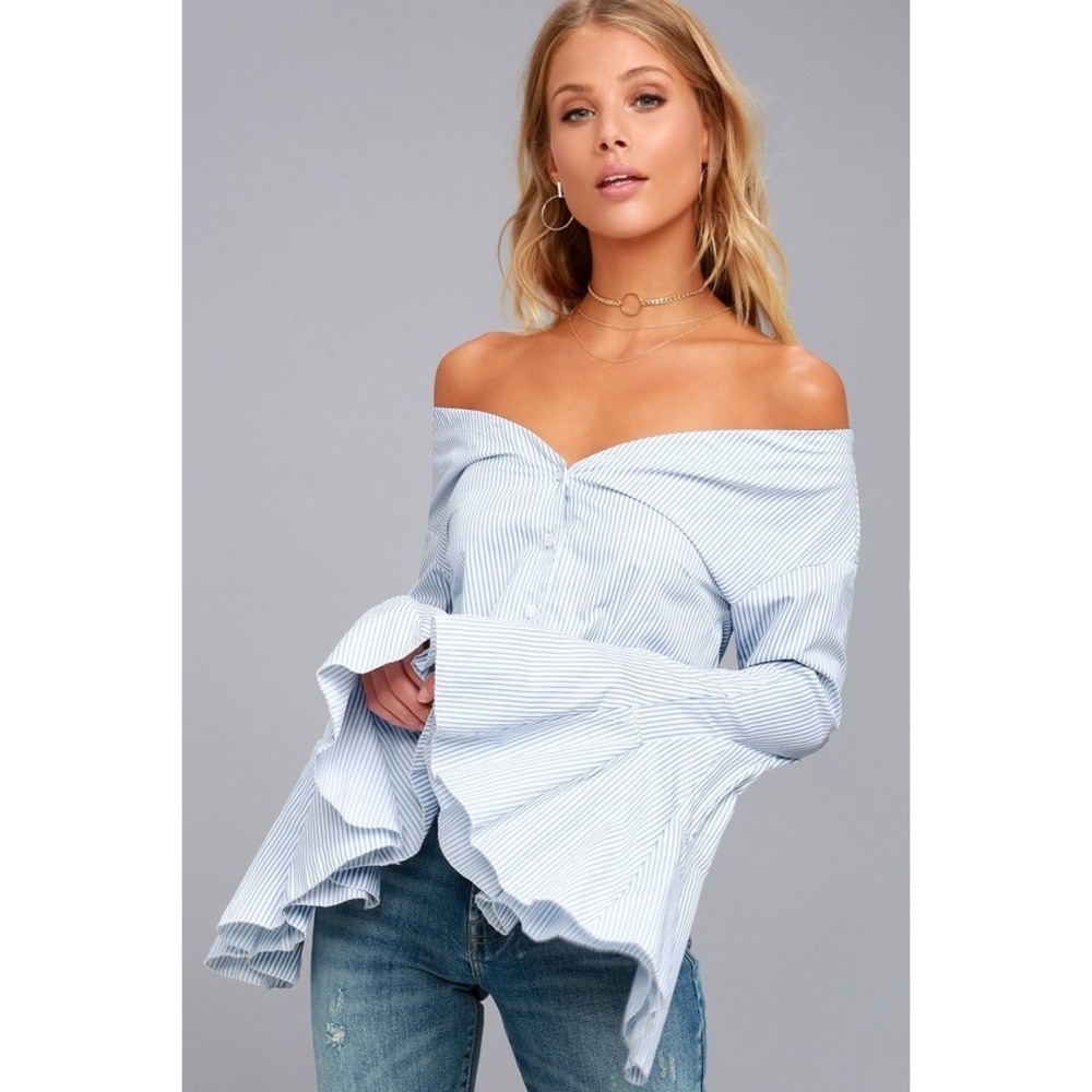 Lulus Clear Sailing Blue And White Striped Off-the-shoulder Top - Size M
